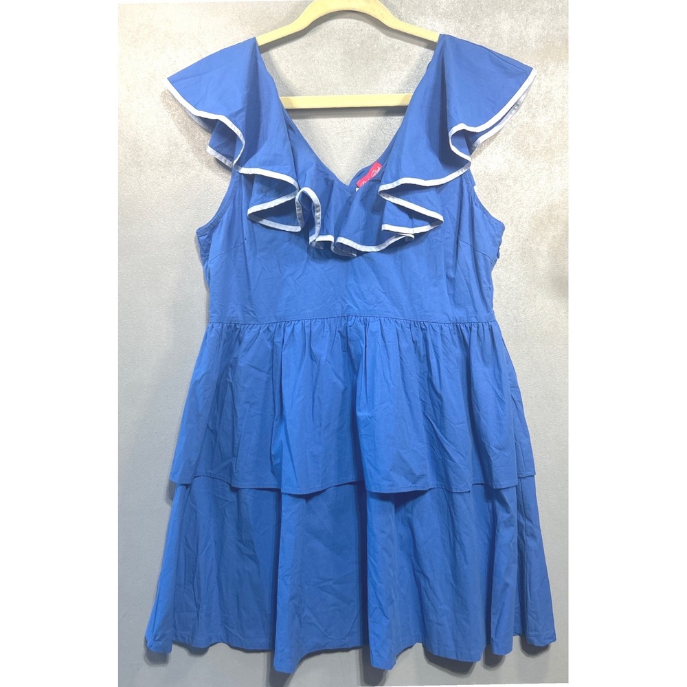Baby Pink Blue Tiered Ruffle V-Neck Mini Dress with White Piping Size L